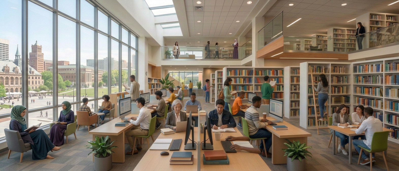 Library interior with diverse people reading and using computers, text on libraries championing equity