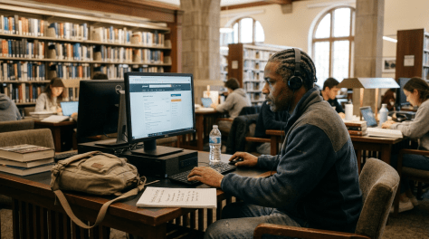 Man wearing headphones working on a computer in a library with job listings on screen