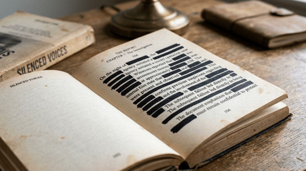 Open book with heavily redacted black text on an investigative report
